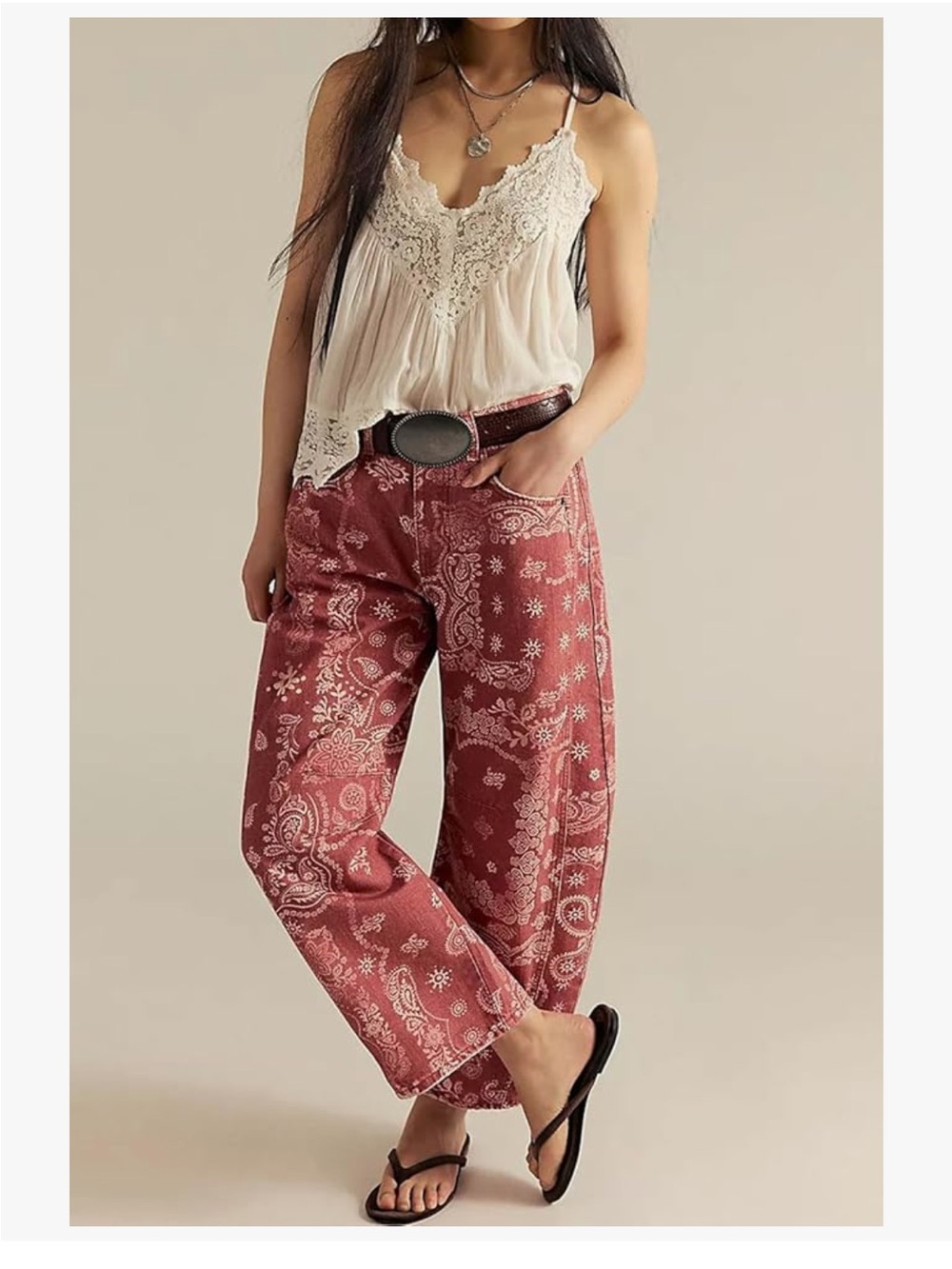 High-Rise Barrel fit Paisley Pants - Red - Picture 3 of 15